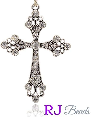 RJ BEADS 2 Large Silver Rhinestone Crystal Clear Sparkling Wedding Bridal Rosary Cross Pendant Charm