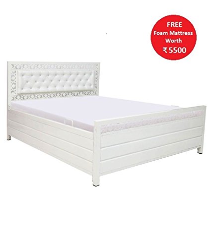 Royal Interiors Queen Size Metal Bed with Foam Mattress and Hydraulic Storage (Matte Finish,Ivory)