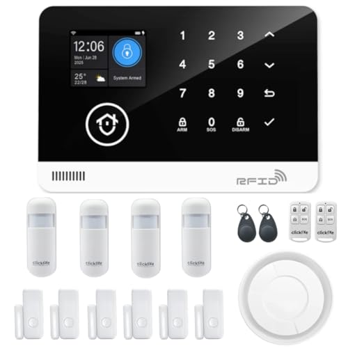 Clicklife - Kit Alarma WiFi Sistema de Seguridad Inalambrica para Casa y Negocio con App Celular, Compatible con Google y Alexa Notificaciobnes en Tiempo Real (10 Sensores, Control de 100 Zonas)