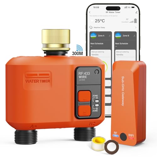 WiFi Irrigation Control Unit with 2 Outlets with 300 m RF, Brass Input, Smart Watering Timer Compatible with APP and Alexa Voice, Rain Delay, Watering Timer for Garden