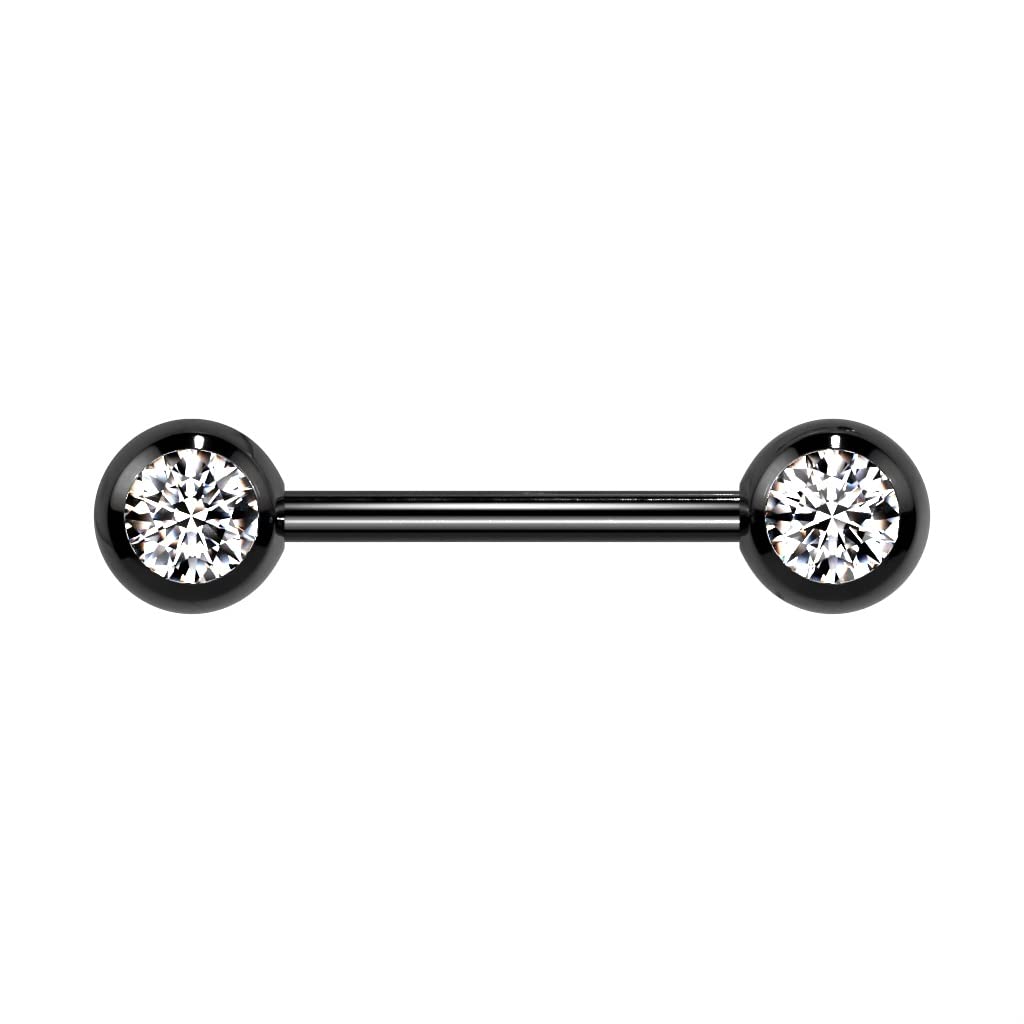 PiercedOff Titanium Black IP over 316L Surgical Steel Nipple Bar with Forward Facing Clear CZ Gem Balls - Thickness 14GA (1.6mm) / Length 16mm / Ball Sizes 6mm