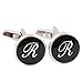 H&H HJ Men's 2PCS Rhodium Plated Cufflinks Silver Initial Letter Shirt Wedding Business 1 Pair Set Black R