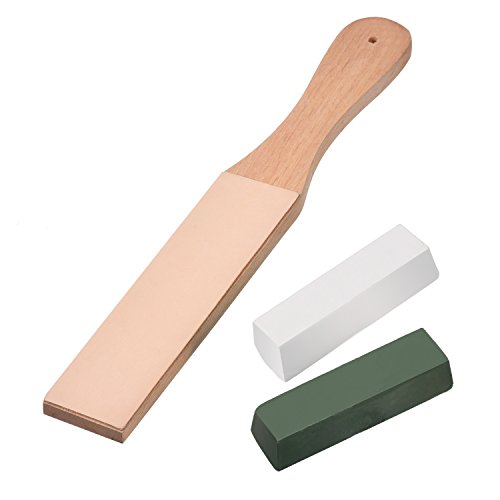 Hestya 3 Pieces Leather Strop with Compounds Kit, 1 Piece Leather Honing Strop Block Stropping Leather Paddle Strop with 2 Pieces 4.58 oz Green White Buffing Polishing Compounds (Small Size Strop)