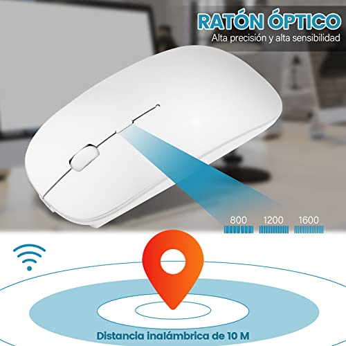 YOMYM Mouse Ratón óptico Inalámbrico Recargable 2.4 G, Silencioso Click con Receptor USB y Tipo-c Adaptador 3 Ajustable DPI Ratón Para Computadora, Ideal para Ordenadores portátiles, PCs, Blanco