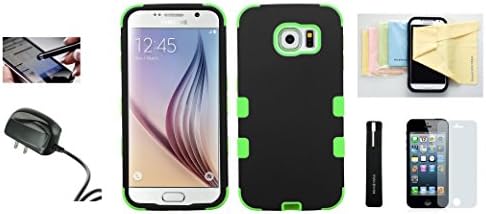 Galaxy S6 Case [Shock Proof][drop Protection] Dual-layer Protective Frame Cover Momiji® [Screen Guard] Protector, Cleaning Cloth, Stylus Pen, Home Charger for Galaxy S6 (Black/Green)
