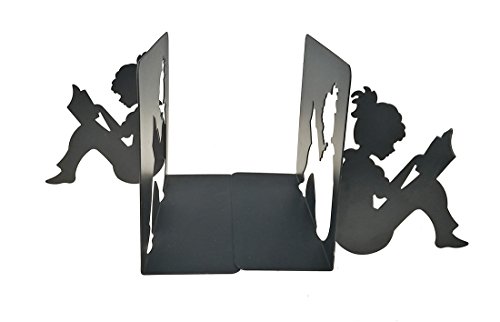 3D Paper-cut Little Girl Is Reading Pattern Metal Bookends Book Ends For Kids Teenagers Teachers Students Adults Study Home School Library Office Decoration (Black)