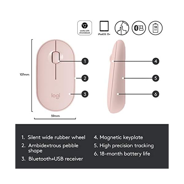 Logitech Pebble Wireless Mouse with Bluetooth or 2.4 GHz Receiver, Silent, Slim Computer Mouse with Quiet Clicks, for…