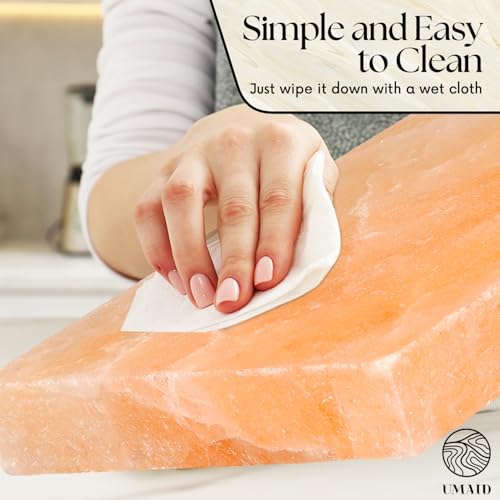UMAID Himalayan Salt Block Cooking Plate 12x8x1.5 – Food Grade Pink Himalayan Salt Stone for Cooking, Grilling, Serving & Cutting – Includes Steel Tray & Grilling Recipe Booklet – Unique Gifts for Men & Dad Gifts for Fathers Day