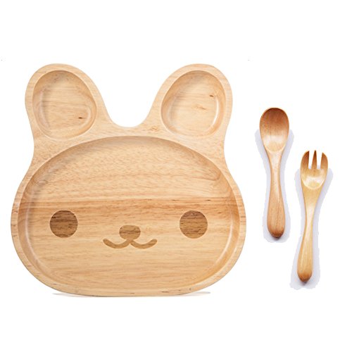 TAMUME Wooden Food Tray for Kids Children Wooden Dish Plate for Baby with 3 Compartment Wooden Bowl Ideal for Children Breakfast Serving Platter or Snack Container (Cutie)