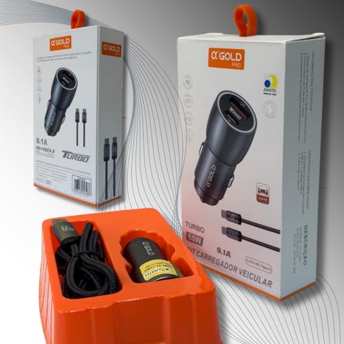 Carregador Veicular Turbo 60W Pro, Kit com Cabo USB-C. Duas portas USB 3.0 + USB-C, Led, Carregamento Rápido 9.1A Fast Charge Carro/Automotivo Compatível com IOS e Android – Premium (Preto)
