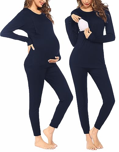 Ekouaer Women's Long Sleeve Striped Winter Maternity Nursing Pyjamas for Pregnancy Breastfeeding, S-XXL