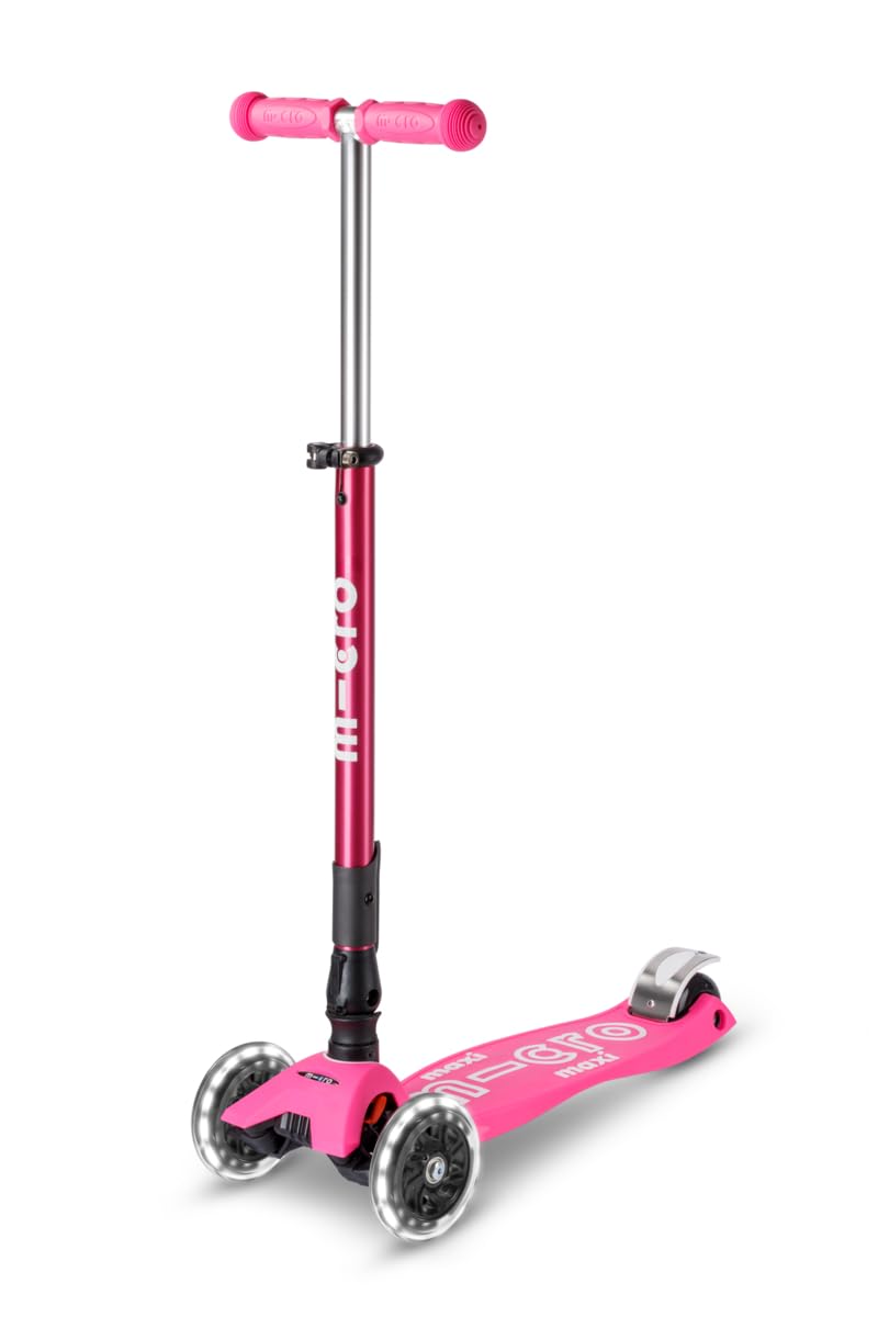 Micro® Maxi Deluxe Folding LED Scooter, 3 Wheels, 5-12 Years, Weight 2.5 kg, Max Load 70 kg, Height 67-91 cm, Non-Slip Platform Polypropylene (Flexible, High Resistance) (Pink)