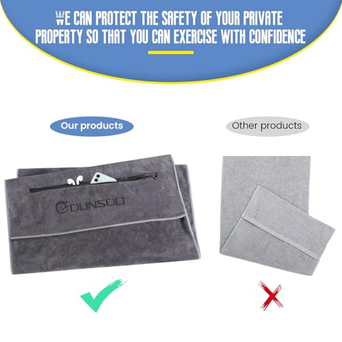 DUNSOO Fitness Towel, 120 x 50 cm, Microfibre Sports Towel with Zip Pocket for Gym and Training, Gym Towel (Dark Grey)