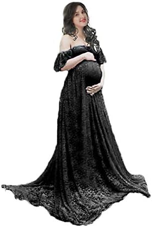 Women's Off Shoulder Ruffle Sleeve Lace Maternity Gown Plus Maxi Photography Dress