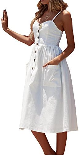 WentShopping Women's Dresses-Summer Floral Bohemian Spaghetti Strap Button Down Swing Midi Dress with Pockets