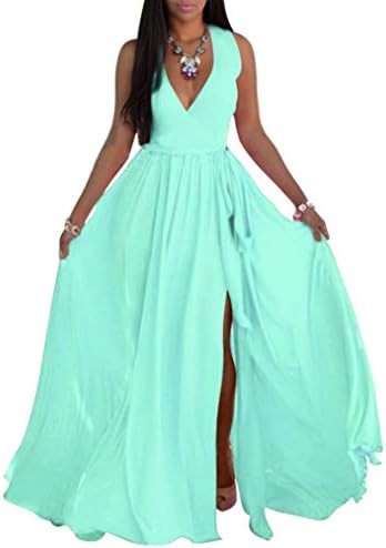 SheKiss Womens Sexy V-Neck Chiffon Long Maxi Dresses Sleeveless Split Beach Bridesmaid Flowy Sundress