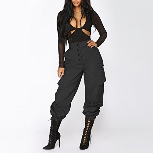 Pervobs Women Pants, Big Pants for Women Casual High Waist Harem Bottoms Solid Elastic Waist Pants with Pockets (M, Black)