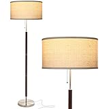 Brightech Carter LED Mid Century Modern Floor Lamp - Contemporary Living Room Standing Light - Tall Pole, Drum Shade Lamp with Walnut Wood Finish