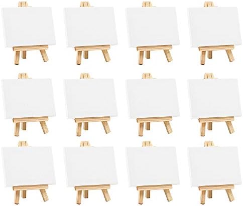 FIXSMITH 3x4 Inch Mini Stretched Canvas Easel Set- Bulk Pack of 12,Set Contains 12 Mini Canvases&12 Mini Easels,Small Stretched White Blank Canvases & Wood Easels for Painting Craft Drawing Decoration