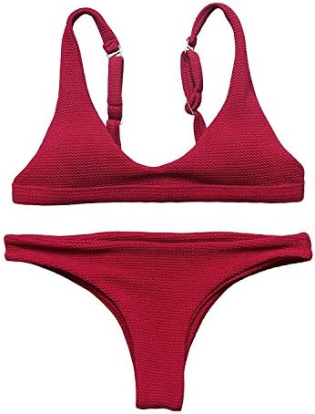 BOLLORY Women's Strap Bathing Suit 2pcs Bikini Set Padded Top Brazilian Bottom Swimsuit Wine Red Small
