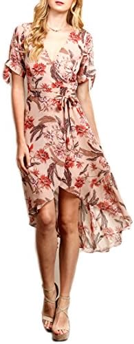 Crazy4Bling Soieblu Floral Print Taupe Short Sleeve V-Neck Maxi Dress, Medium