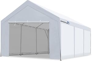 PEAKTOP OUTDOOR 12x20 ft Heavy Duty Carport with Removable Sidewalls, Portable Car Canopy, Garage Tent, Boat Shelter with Reinforced Triangular Beams and Ground Bar, White