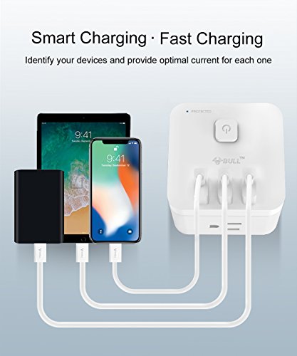 BULL Smart Power Strip Surge Protector with Rotating Flat Plug, USB charging station for desktop, nightstand and more, 3 USB 3AC Outlets Cubic Space Saving Design, 1875W, with 14AWG 5ft Extension Cord