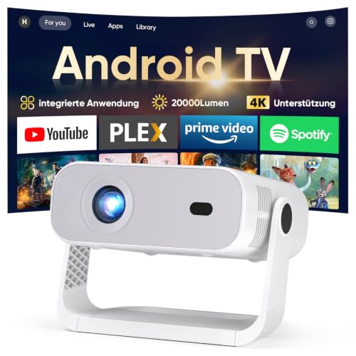 Wielio Upgrade Neuer Smart Mini Beamer Integrierte APP, Android 14,20000Lumens, Unterstützt 4K-Dekodierung,Automatische Trapezkorrektur, WiFi6 & BT5.4