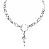 YZMOXNL Cuba O Ring Choker Necklace Punk Stainless Steel Cuban Chain Necklace Sword Pendent Alt Jewelry Accessories for Women and Men