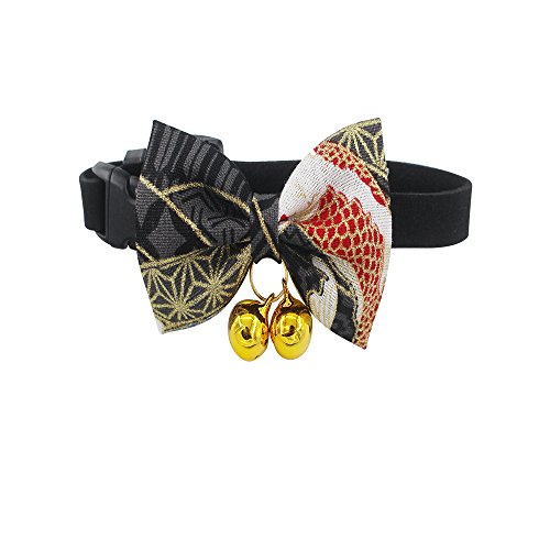 foviupet Pet Bow Collar Cat Bow Tie 3 Pack/Set Cat Collar kitty Adjustable Japanese kimono style bow dog collar leash cat accessories With The Bell For Cats And Small Dogs (Medium, Black)
