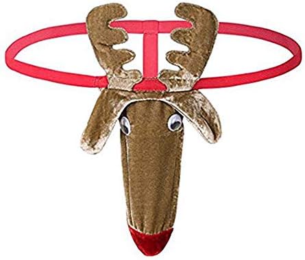 Men's Christmas Reindeer Patterns Gag Gift Sexy Men G-Strings Thong Underwear T-Back Brown