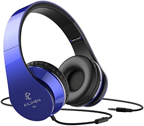 AILIHEN Wired Headphones with Microphone, Stereo Foldable Lightweight On Ear Headset for iOS Android Smartphone Cellphones Laptop Tablet PC Computer (Blue)