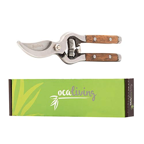 OCALiving Traditional Bypass Pruning Shears-Branch, Hedge, Shrub, Flower Clipper and Trimmer for Garden-Razor Sharp Stainless Steel Blade-Natural Wood Handles