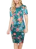 HELYO Women's Floral Print Short Sleeve Slim Stretch Bodycon Business Pencil Dress Knees Length 223