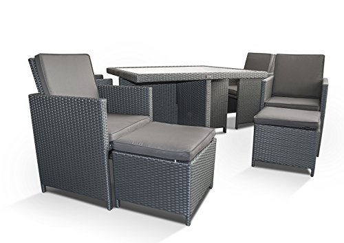 Ragnarök-Möbeldesign PolyRattan - DEUTSCHE Marke - EIGNENE Produktion - 8 Jahre GARANTIE auf UV-Beständigkeit Gartenmöbel Essgruppe Tisch + 4 Stühle & 4 Hocker 12 Polster Platinum Grau – Bild 7