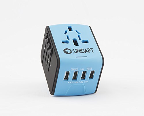 Unidapt International All in One Multi-Nation Worldwide Universal 4-USB Travel Power Adapter Charger - Travel to USA Europe Asia and UK Great for iPhone/Smartphones/Laptops & more (Blue)