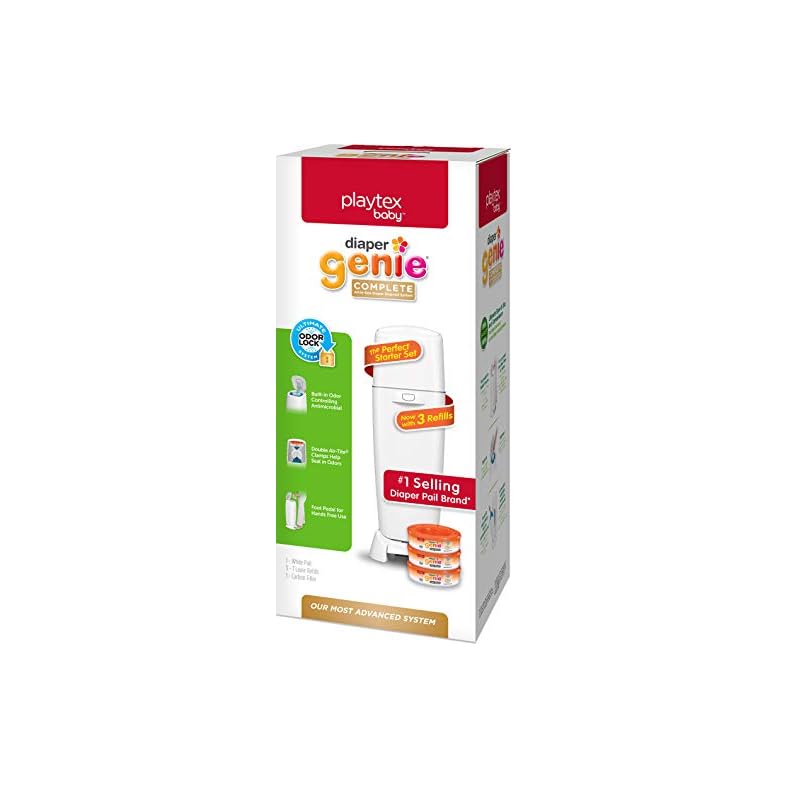 Diaper Genie Complete Diaper Pail (White) with Antimicrobial Odor Control | Includes 1 Diaper Trash Can, 3 Refill Bags…