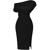 Memoriesea Women's Elegant Off Shoulder Split Hem Bodycon Ruched Midi Club Party Dress