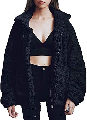 Teafor Womens Fashion Long Sleeve Lapel Zip Up Faux Shearling Shaggy Oversized Coat Jacket with Pockets