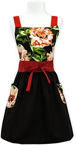 Home Bene 100% Cotton For You, Cute X-back Kitchen Apron for Women, Cooking Apron Beautiful Floral Pattern, Waist Ties, Two side Pockets, Cooking, Baking, Barbecuing, Black