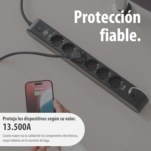 Brennenstuhl 6-Outlet Power Strip with USB and Surge Protection (Power Strip with 1x USB C PD 20W for Fast Charging and 1x USB A 20W, Switch, 2m Cord) Black