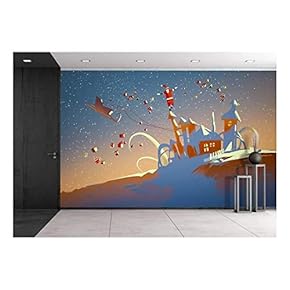 Illustration - Santa Claus Balancing on Fantasy Houses,Illustration - Removable Wall Mural | Self-Adhesive Large Wallpaper - 66x96 inches