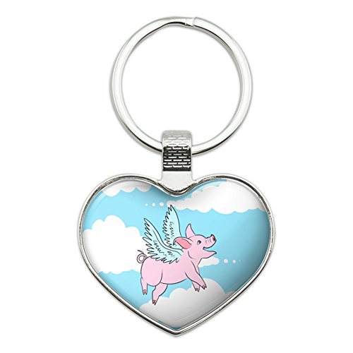 Flying Pig in The Clouds Heart Love Metal Keychain Key Chain Ring