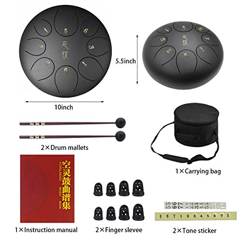 ZHRUNS Steel Tongue Drum, Percussion Instrument Tank Drum or Hand Drum with Carring Bag and Mallets, Music Book, Finger Picks (8 Note, black)
