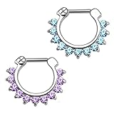 Brass Septum Clicker, Kredy 16G Horseshoe Circular Barbell Septum Jewelry Ring Nose Rings Daith Septum Clicker Jewelry with CZ Gems for Women Girls - 2 PCS Purple / Blue