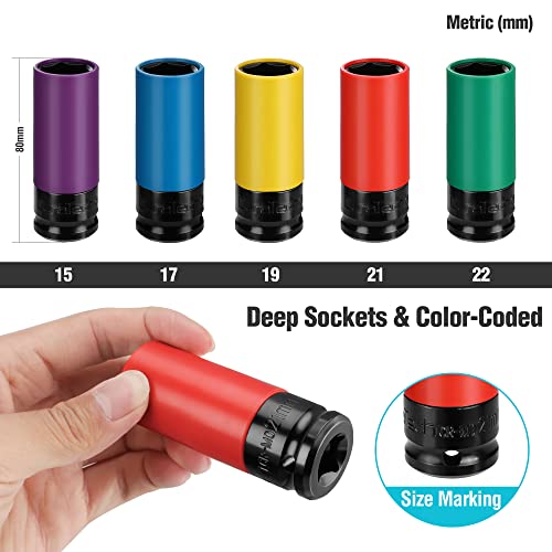 DURATECH Drive Wheel Protector Impact Sockets - 1/2 Inch Thin Wall Deep Socket Set, Non-Marring Protective Sleeve Lug Nut, CR-MO Alloy Color-Coded Metric Rim Sockets, 5Pcs