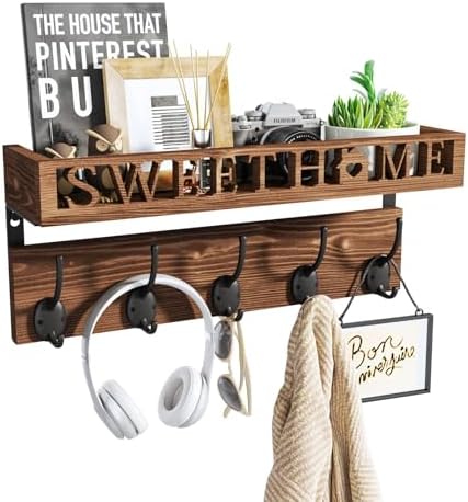 SWTYMIKI Coat Hooks Wall Mounted with Sweet Home Decor, Coat Rack for Wall with 5 Double Metal Hooks, Wood Coat Wall Hook for Hanging Hats, Clothes in Entryway, Living Room, Bedroom, Brown
