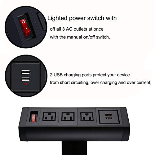 Desktop Clamp Power Plug Outlets with 2 USB Ports, Removable Mount Multi-Outlets, Power Strip Socket Connect 3 Plugs for Reading Home Office
