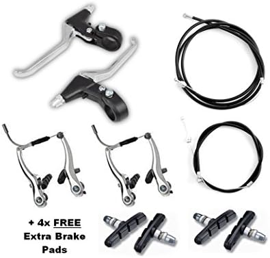 Free Shipping V Brake Complete Set of 2 Colours Black or Silver – V Brakes + Levers + Cables + 4 x Extra Free Alloy Front Rear Brake Pads Exterior Interior Cables Included All Fittings Included – Suitable for Bike MTB BMX Hybrid, etc.