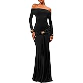 Lingt Chic Women's Grace Maxi Dress Off Shoulder Long Sleeve Bodycon Elegant Solid Formal Gown for Wedding Guest